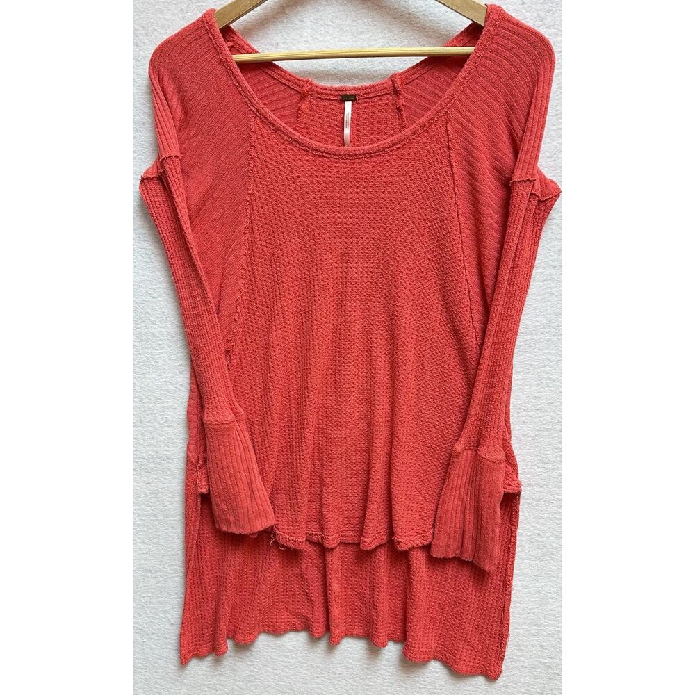 Free People Thermal Top S Red Waffle Knit Long Sleeve Oversized Slouchy Boho